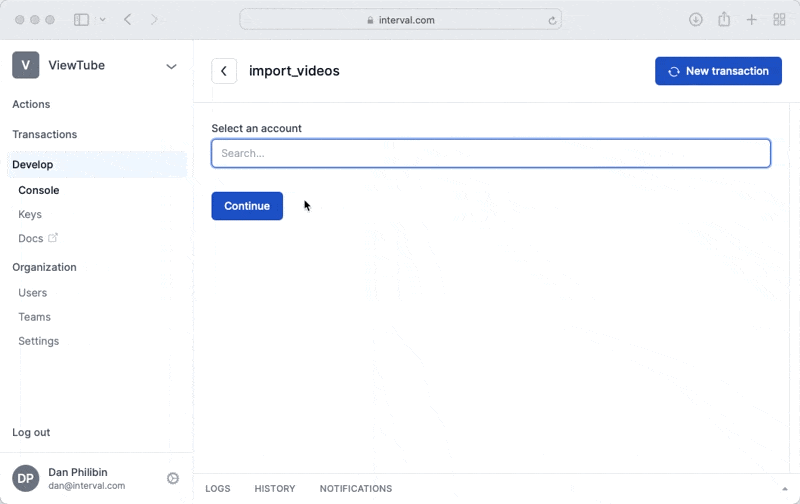 Picking a user, importing a file, and confirming the import