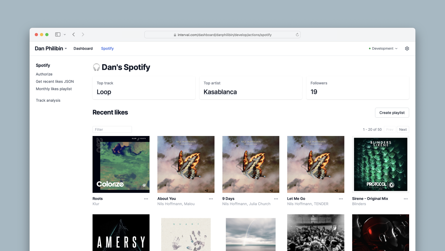 A screenshot of a dashboard listing a Spotify account's recent likes in a grid layout.